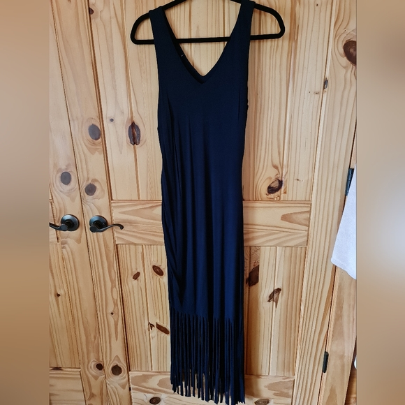 INC Knee Length Deep Double V Ruched Stretch Fringe Navy Blue EUC Size M - Picture 4 of 5